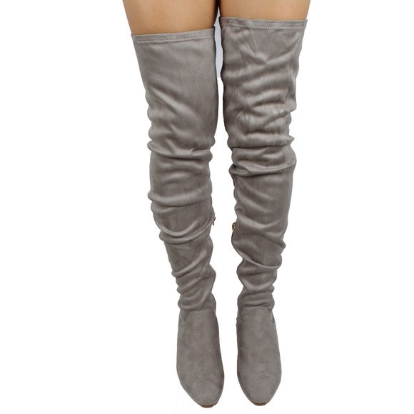 Grey Faux Suede Over the Knee Block Heel Boot - Picture 4 of 4